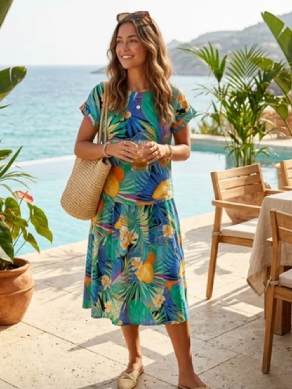Vintage Tropical Print Skirt And Short Sleeve Top Set Size 8P